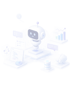 Isometric illustration of an AI assistant robot surrounded by floating data panels and analytics charts
