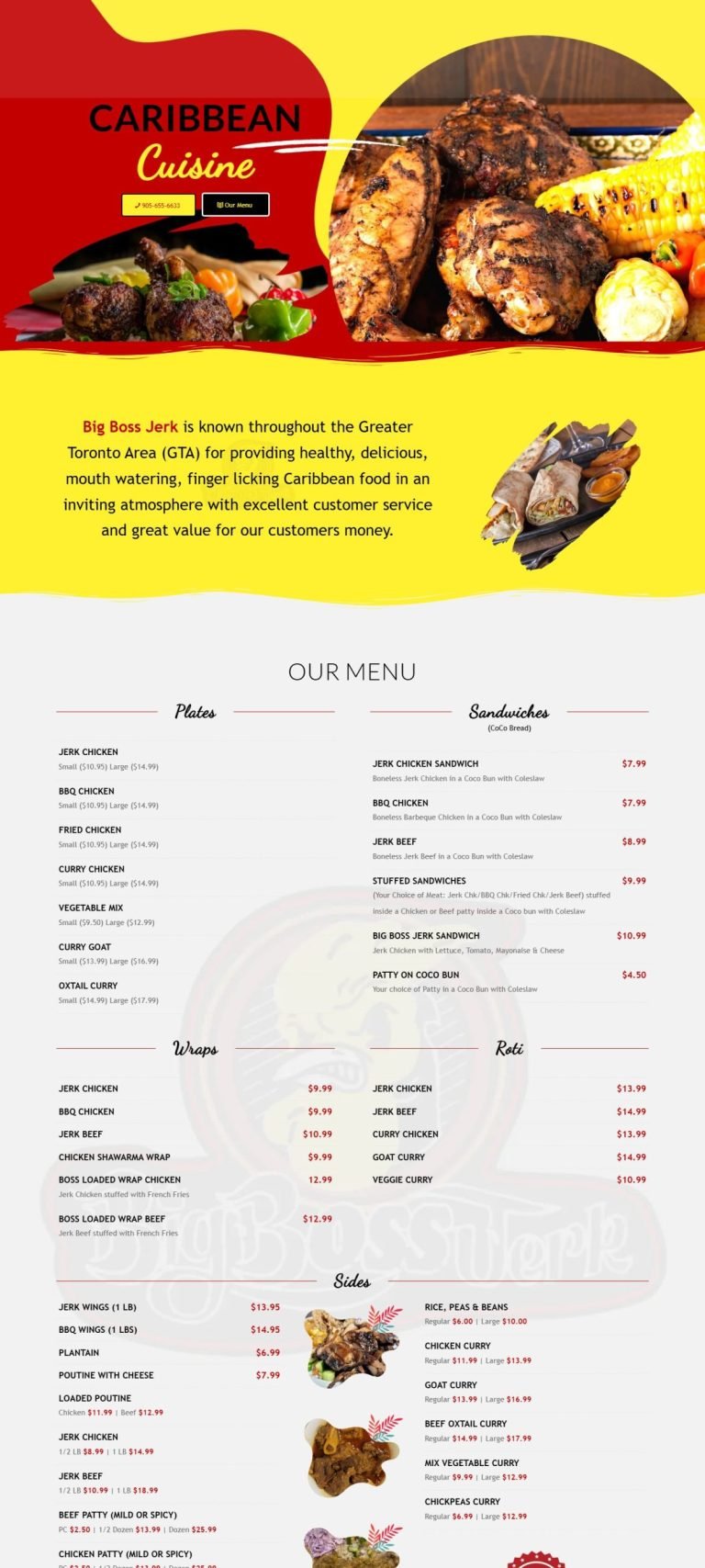 A scrolling preview of the Big Boss Jerk Caribbean Cuisine website