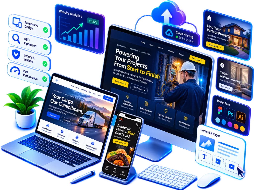 Responsive business website designs shown on a desktop monitor, laptop, tablet and smartphone