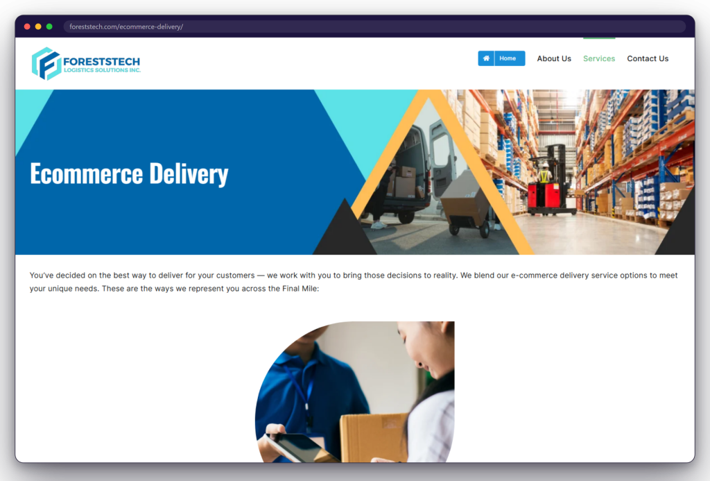 A page from the Foreststech Logistics website: foreststech.com/ecommerce-delivery/
