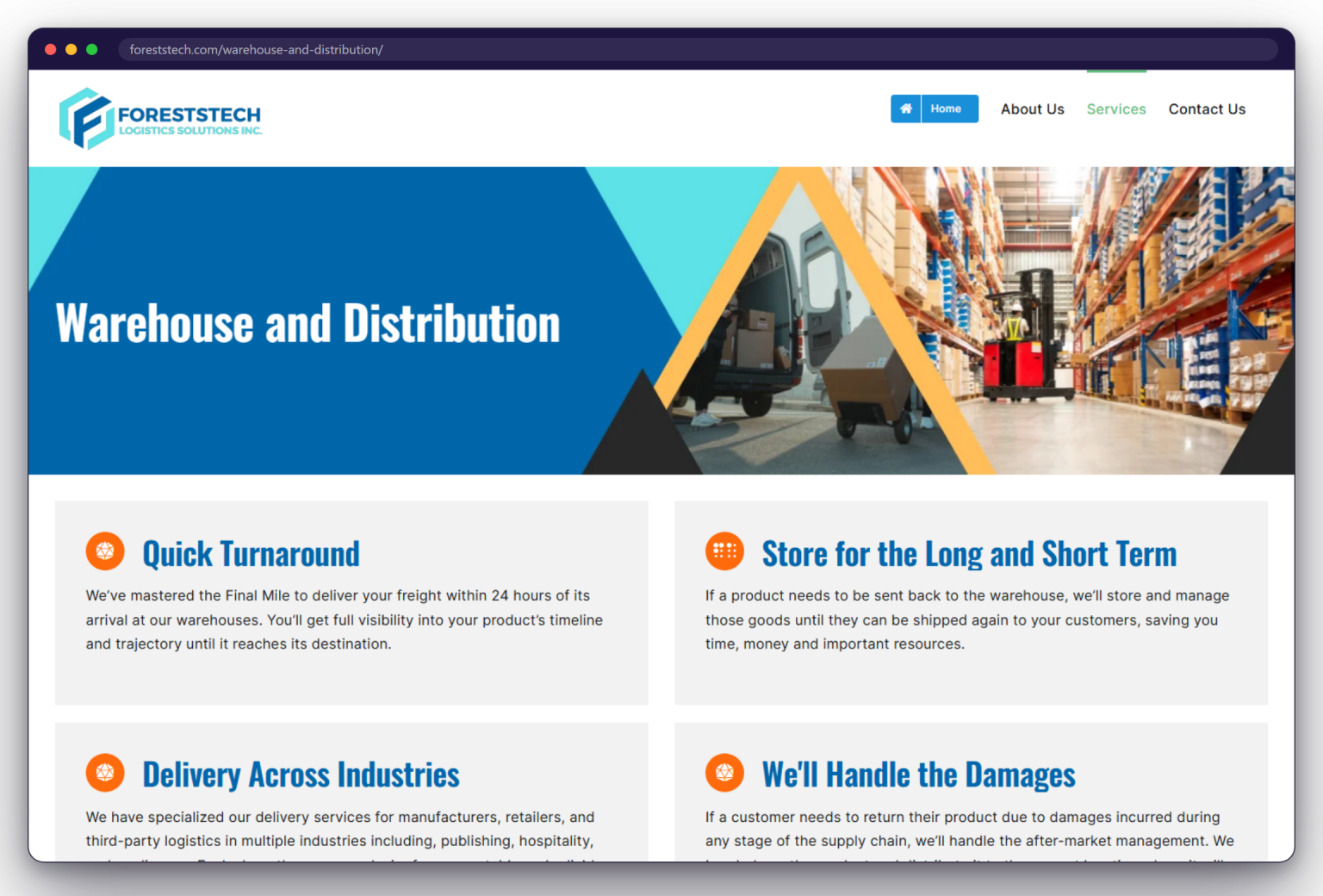 A page from the Foreststech Logistics website: foreststech.com/warehouse-and-distribution/