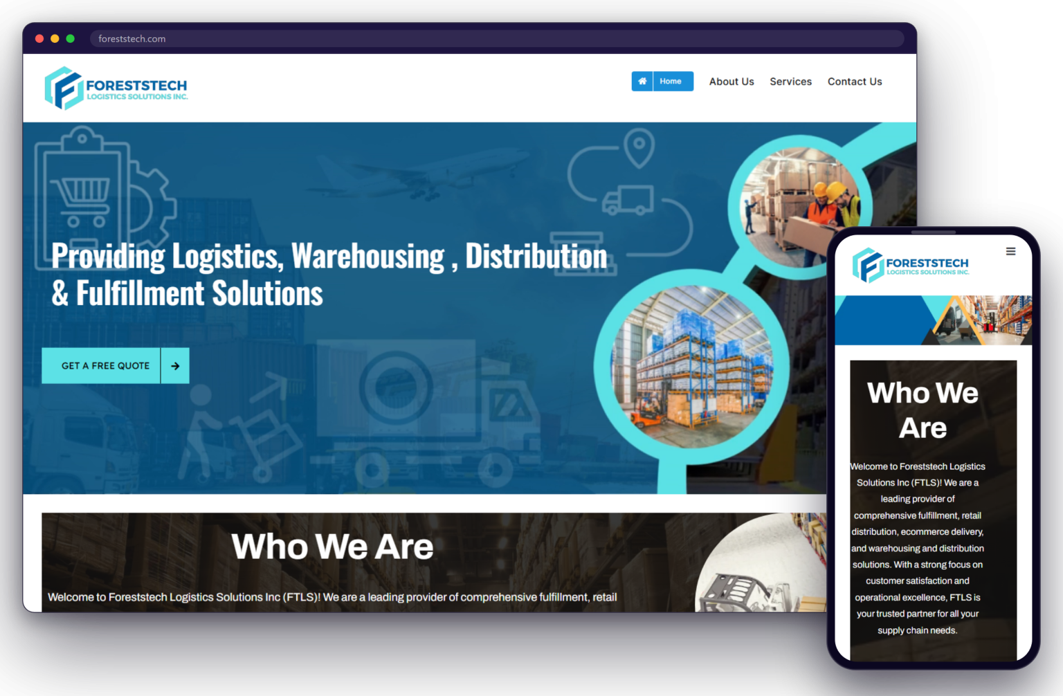 The Foreststech Logistics website shown on a laptop and a phone