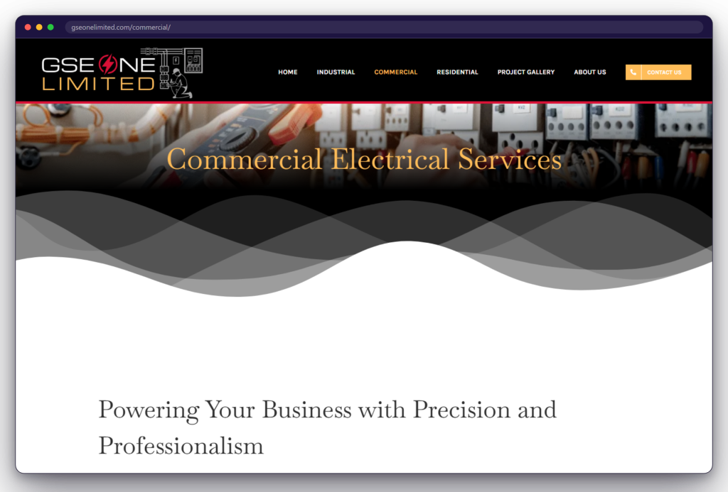 A page from the GSE One Electrical website: gseonelimited.com/commercial/