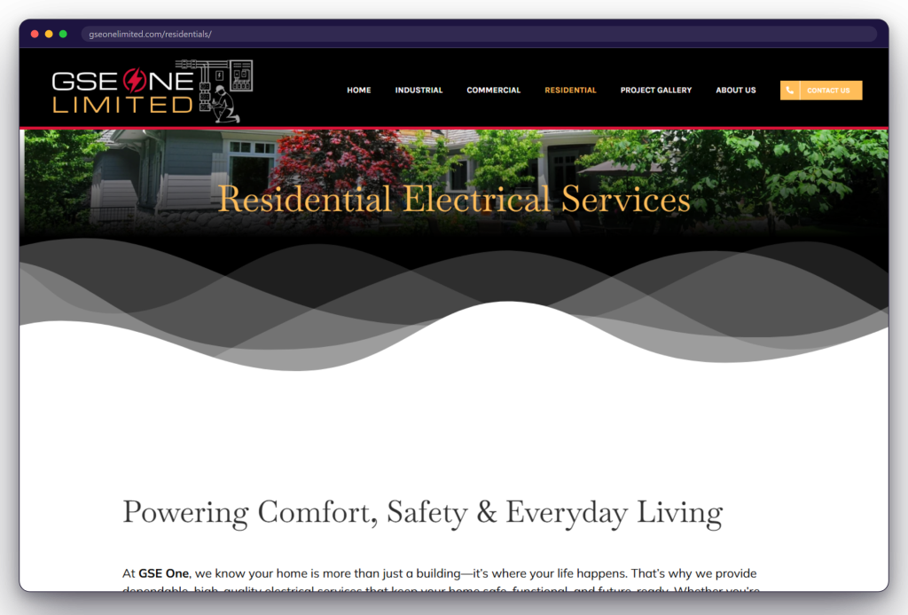 A page from the GSE One Electrical website: gseonelimited.com/residentials/