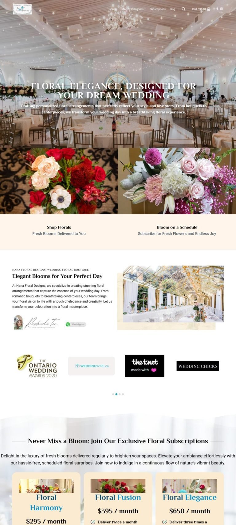 A scrolling preview of the Hana Floral Designs & Co. website