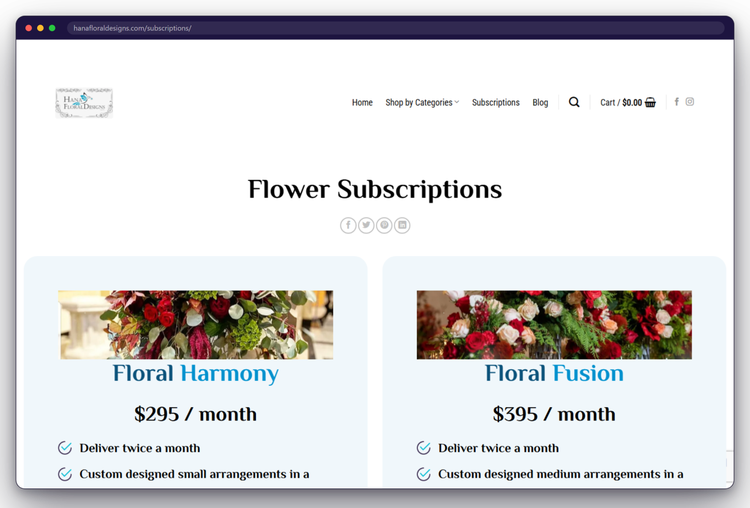 A page from the Hana Floral Designs website: hanafloraldesigns.com/subscriptions/