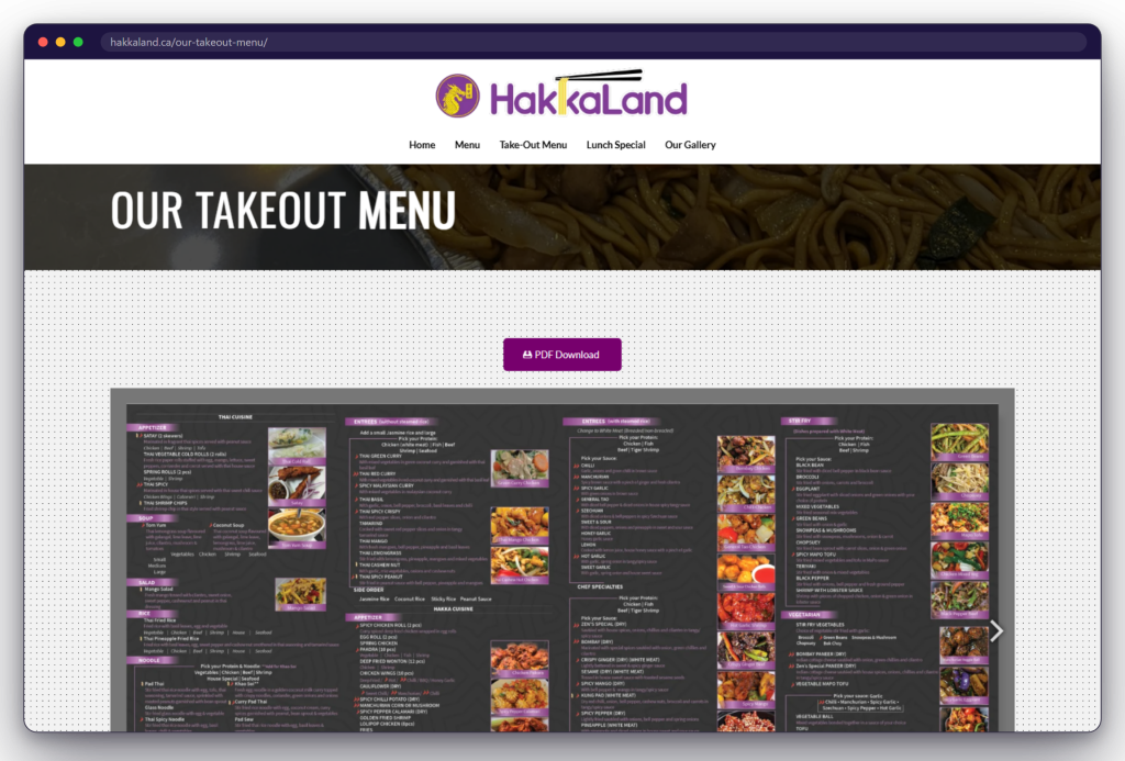 A page from the Hakka Land website: hakkaland.ca/our-takeout-menu/
