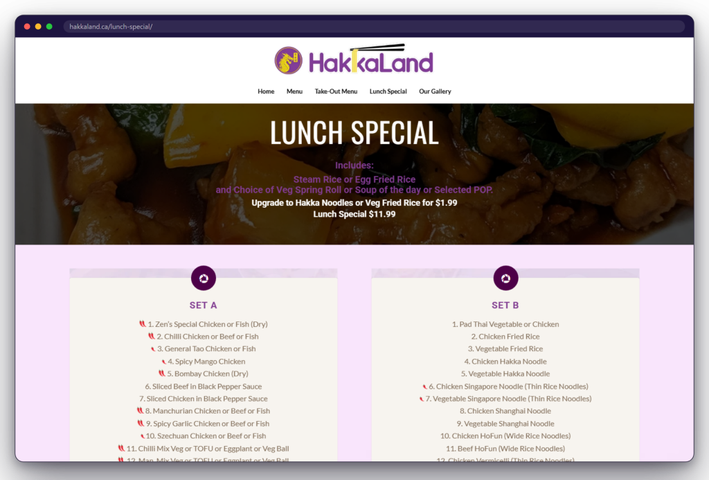 A page from the Hakka Land website: hakkaland.ca/lunch-special/