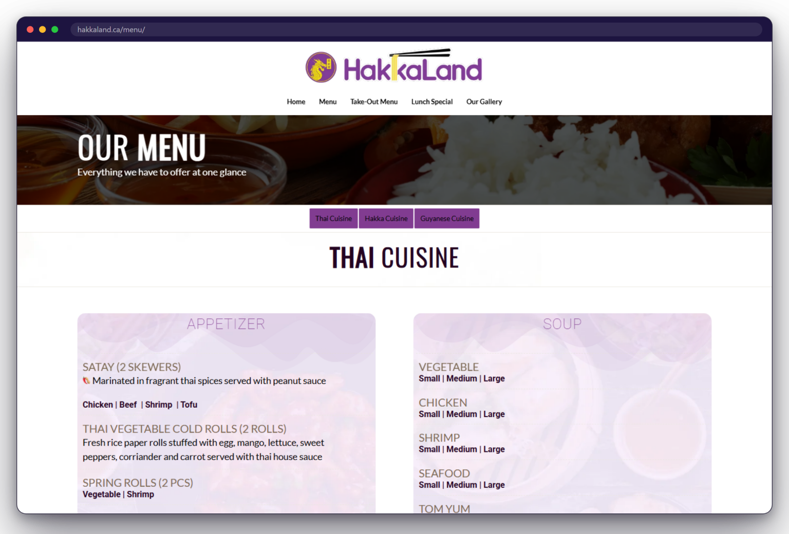 A page from the Hakka Land website: hakkaland.ca/menu/