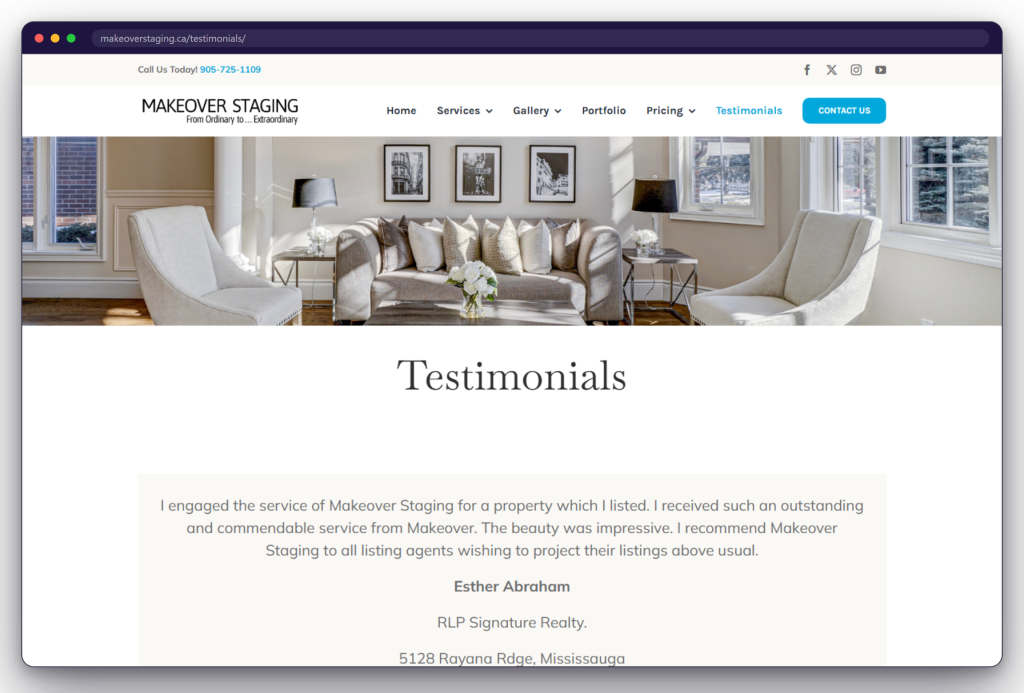 A page from the Makeover Staging website: makeoverstaging.ca/testimonials/