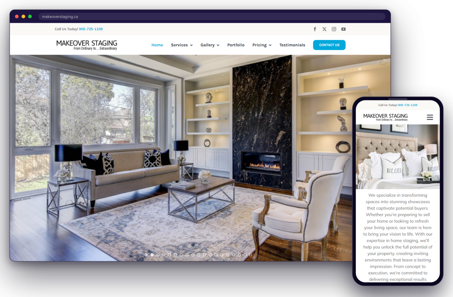 The Makeover Staging website shown on a laptop and a phone