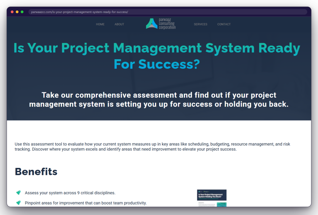 A page from the Parwaaz Consulting website: parwaazcc.com/is-your-project-management-system-ready-for-success/