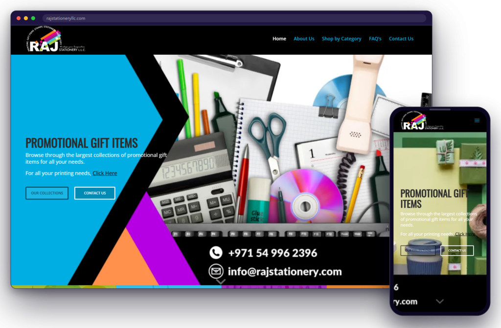 The Raj Stationery website shown on a laptop and a phone