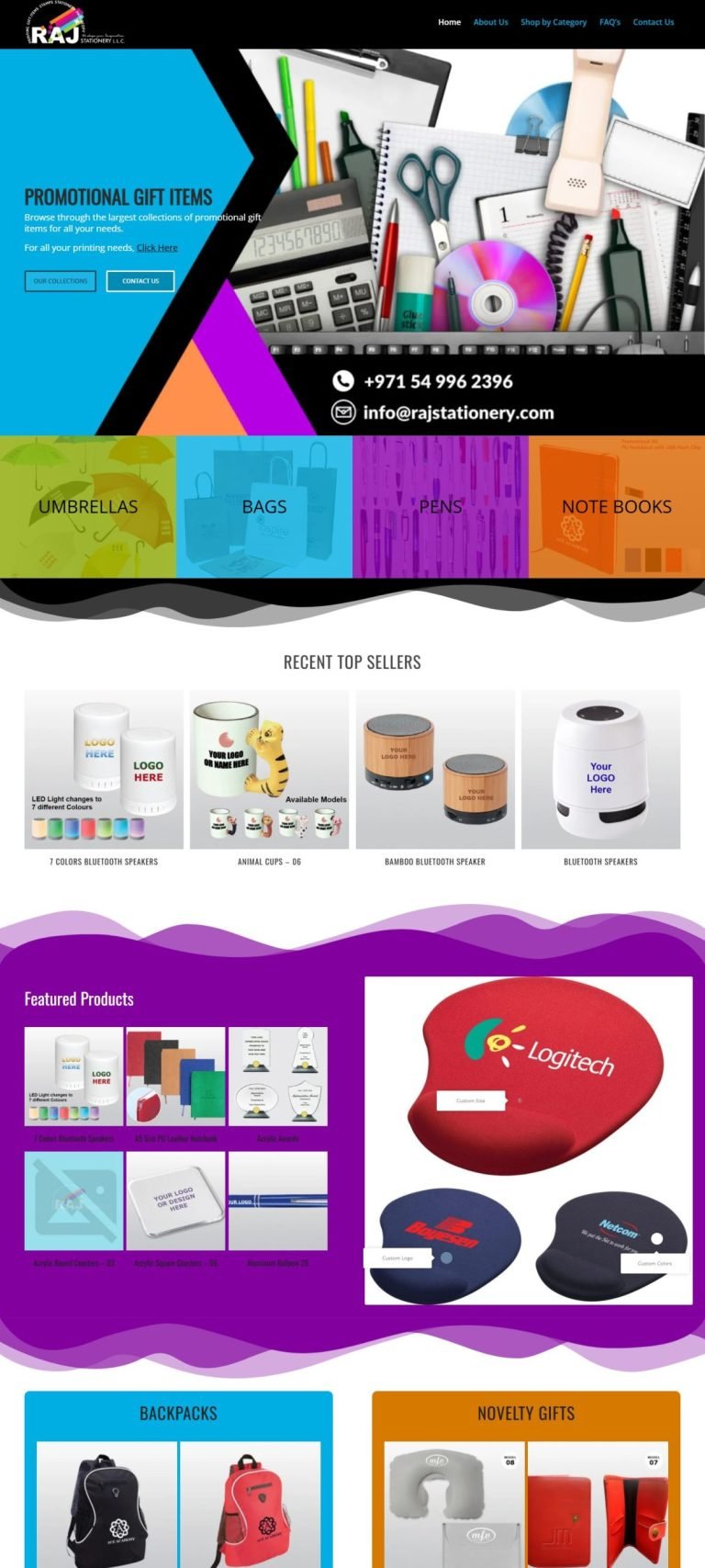 A scrolling preview of the Raj Stationery LLC website
