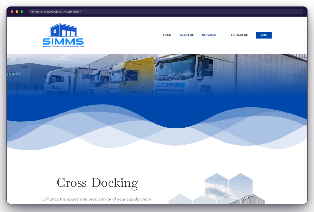 A page from the SIMMS Warehousing & Logistics website: simms3pl.com/services/crossdocking/