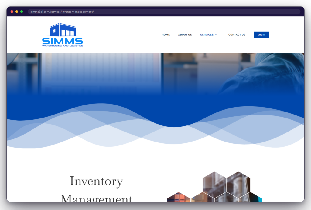 A page from the SIMMS Warehousing & Logistics website: simms3pl.com/services/inventory-management/