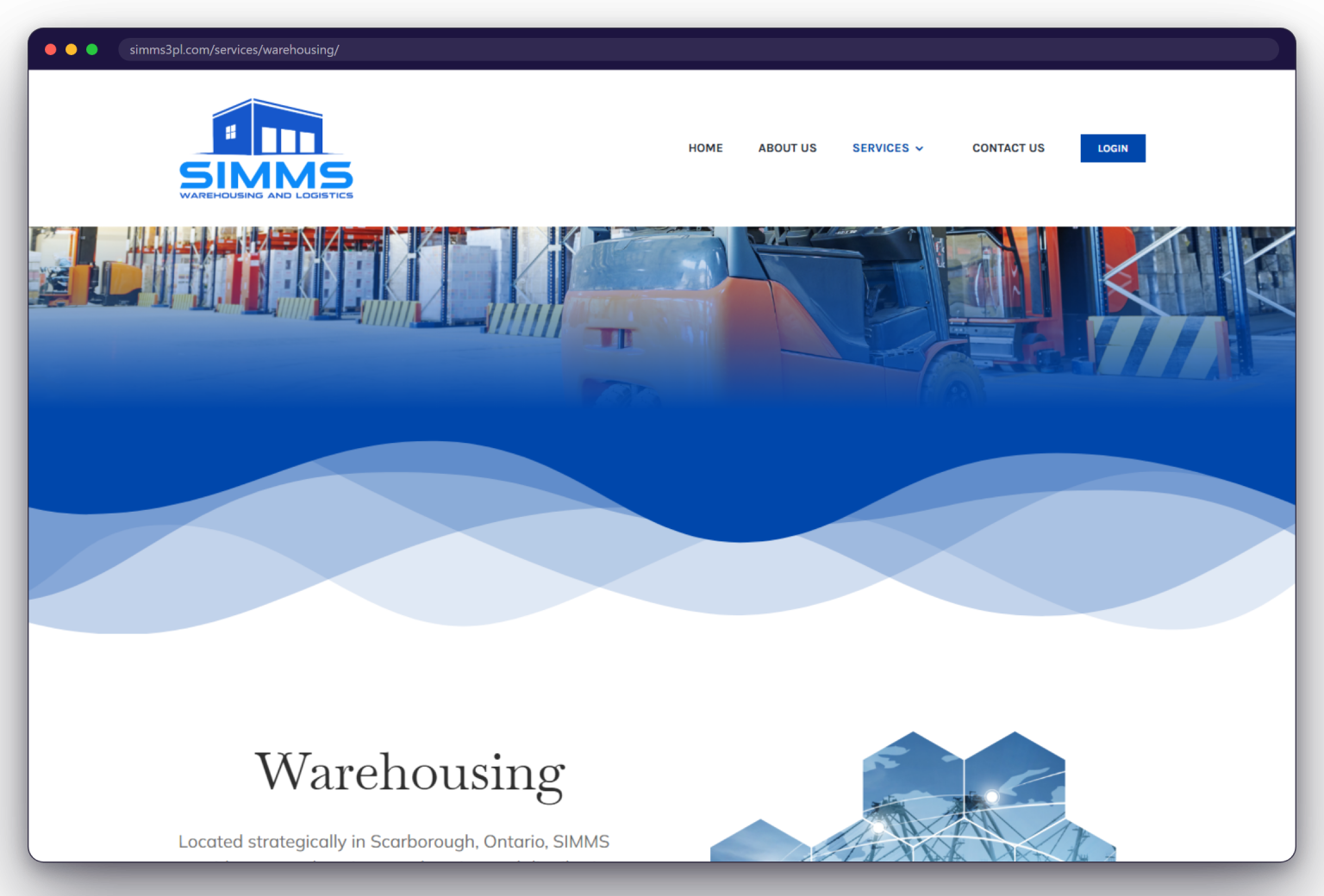 A page from the SIMMS Warehousing & Logistics website: simms3pl.com/services/warehousing/