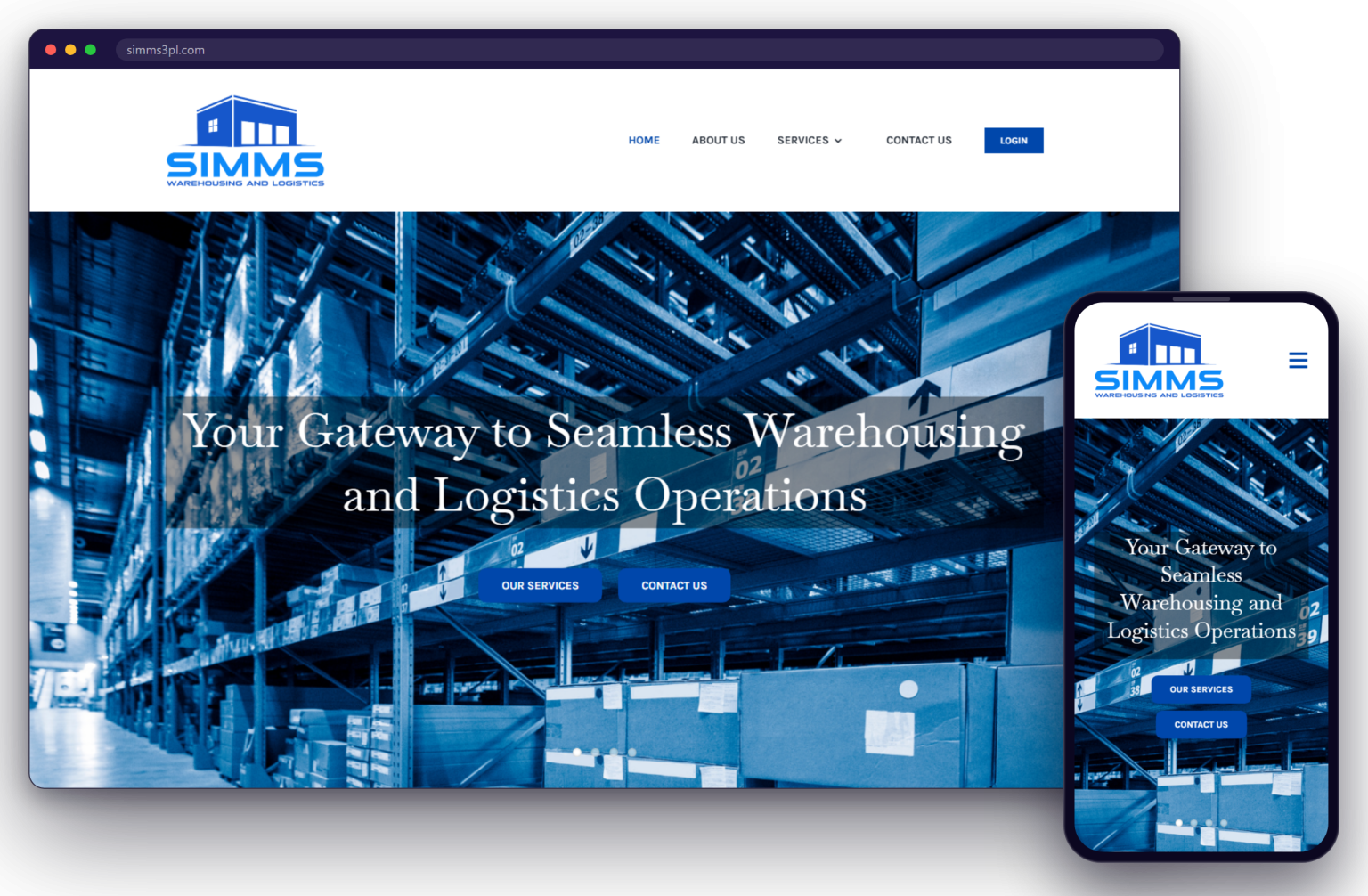 The SIMMS Warehousing & Logistics website shown on a laptop and a phone
