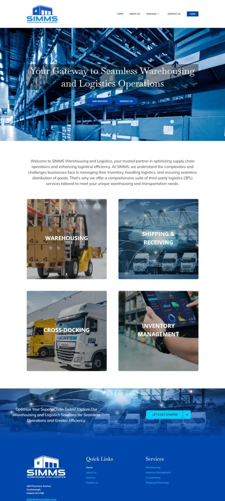 A scrolling preview of the SIMMS Warehousing and Logistics website
