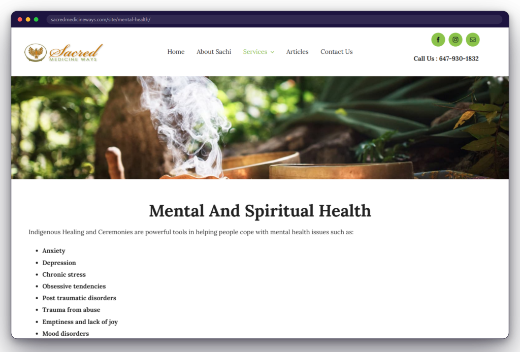 A page from the Sacred Medicine Ways website: sacredmedicineways.com/site/mental-health/
