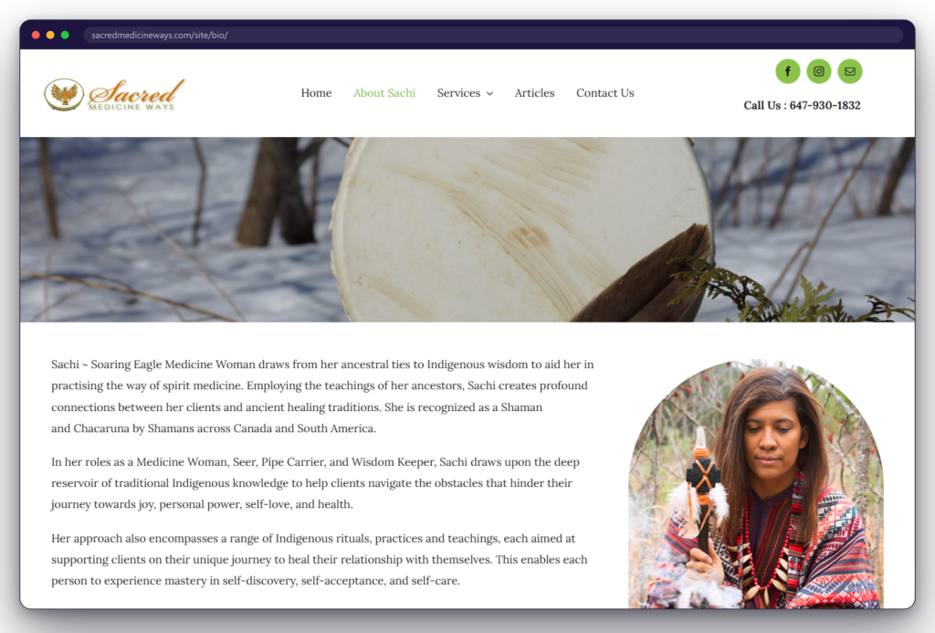 A page from the Sacred Medicine Ways website: sacredmedicineways.com/site/bio/