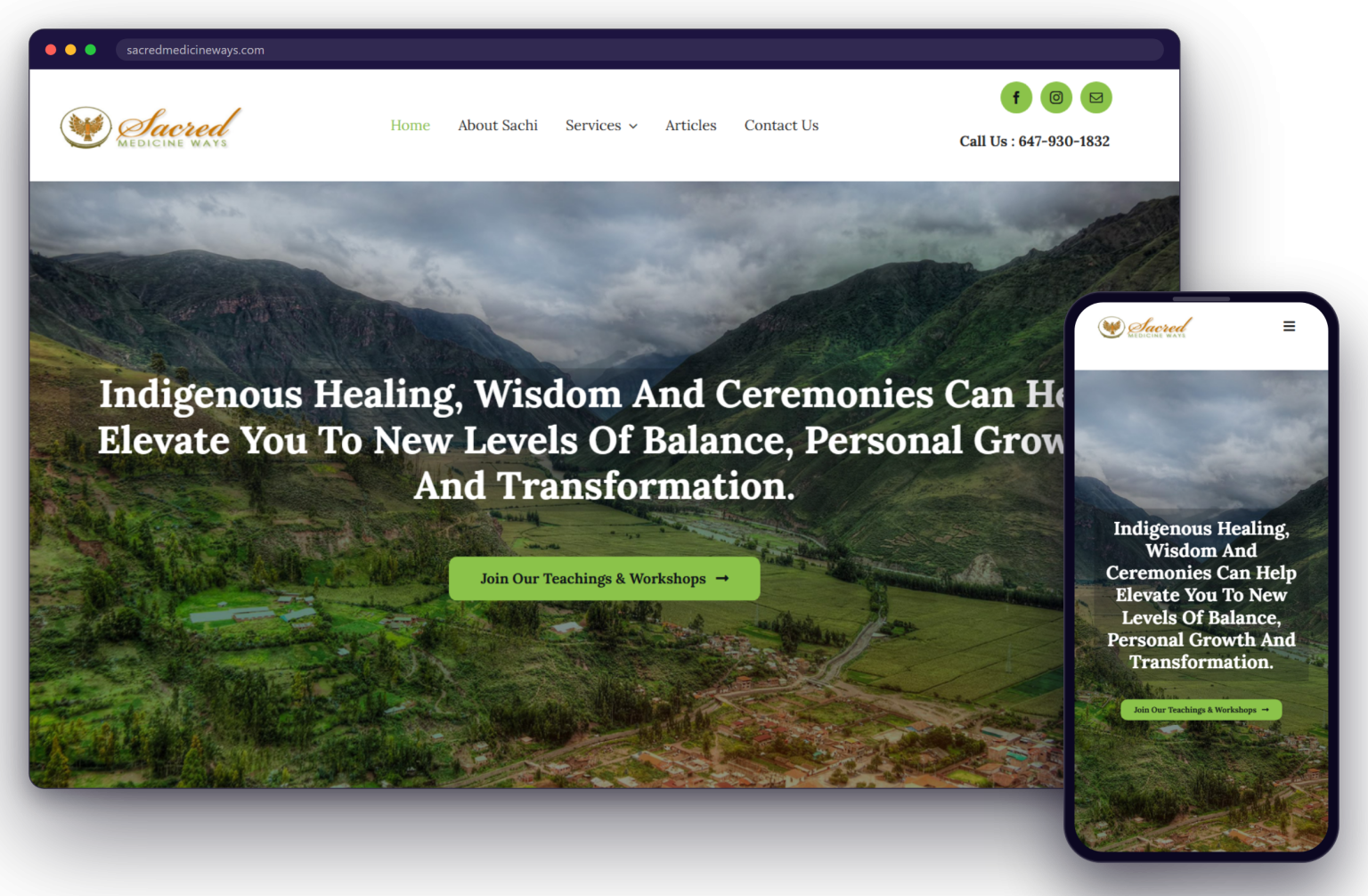 The Sacred Medicine Ways website shown on a laptop and a phone