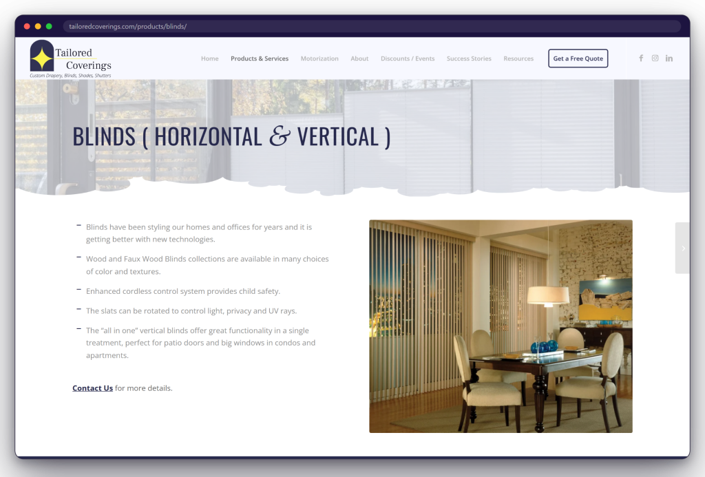 The blinds product page on the Tailored Coverings website
