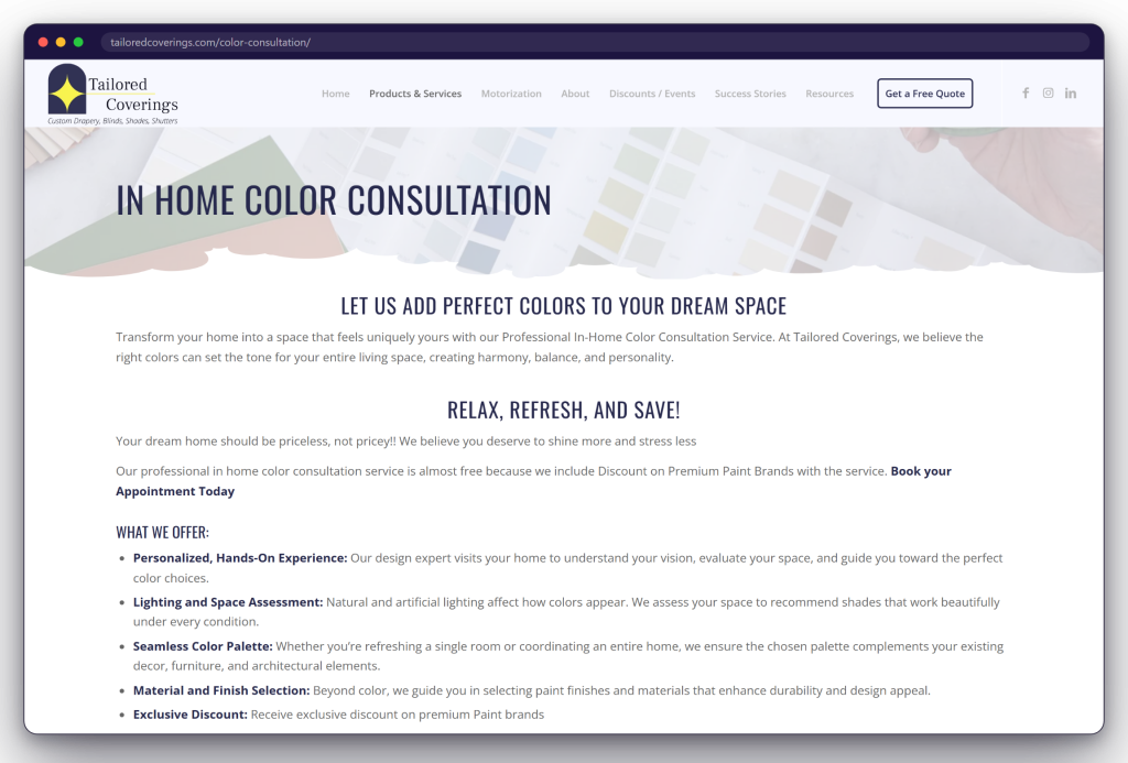 The in-home colour consultation page on the Tailored Coverings website