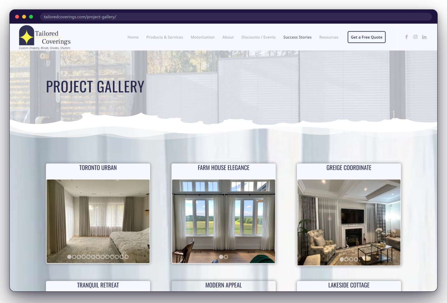 The Tailored Coverings project gallery, with a named photo set per room