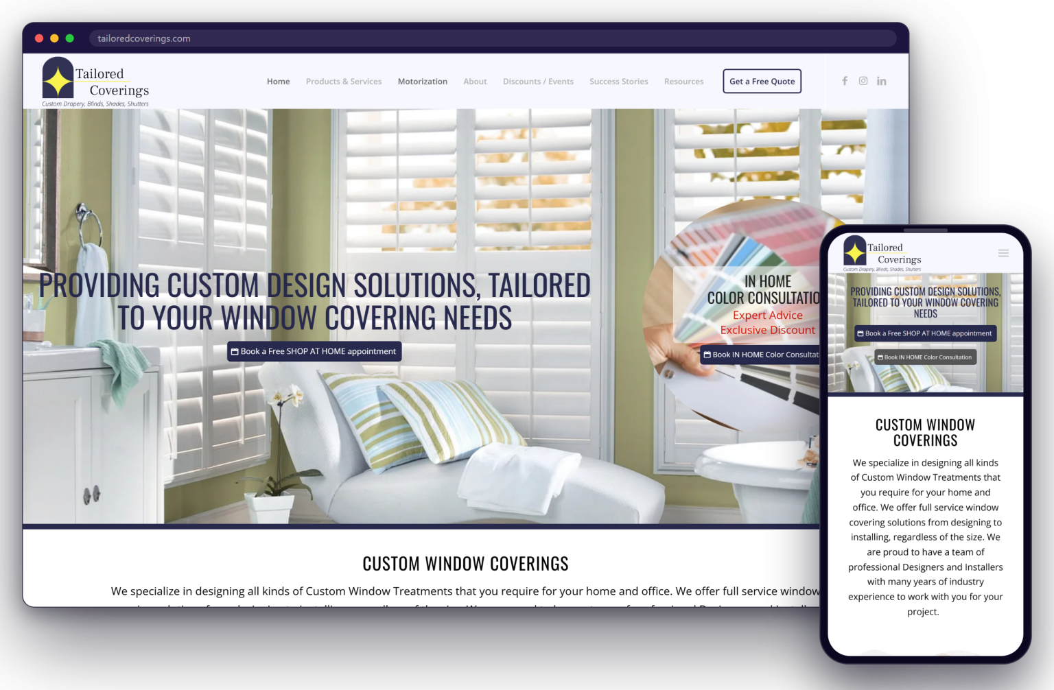 The Tailored Coverings website shown on a laptop and a phone
