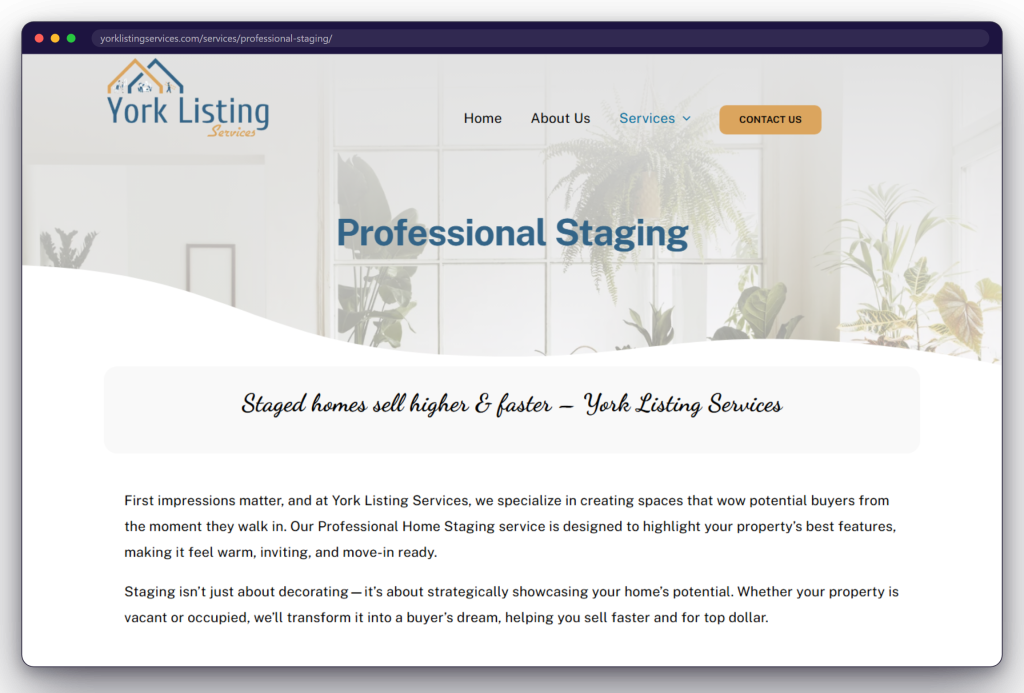 A page from the York Listing Services website: yorklistingservices.com/services/professional-staging/