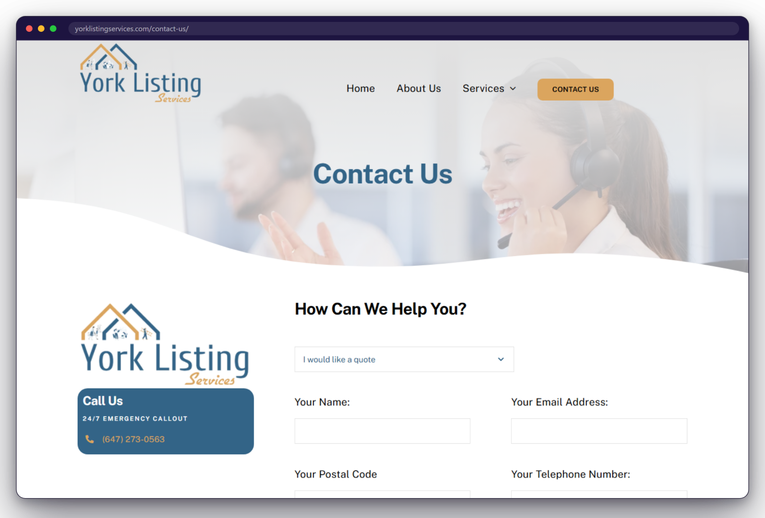 A page from the York Listing Services website: yorklistingservices.com/contact-us/