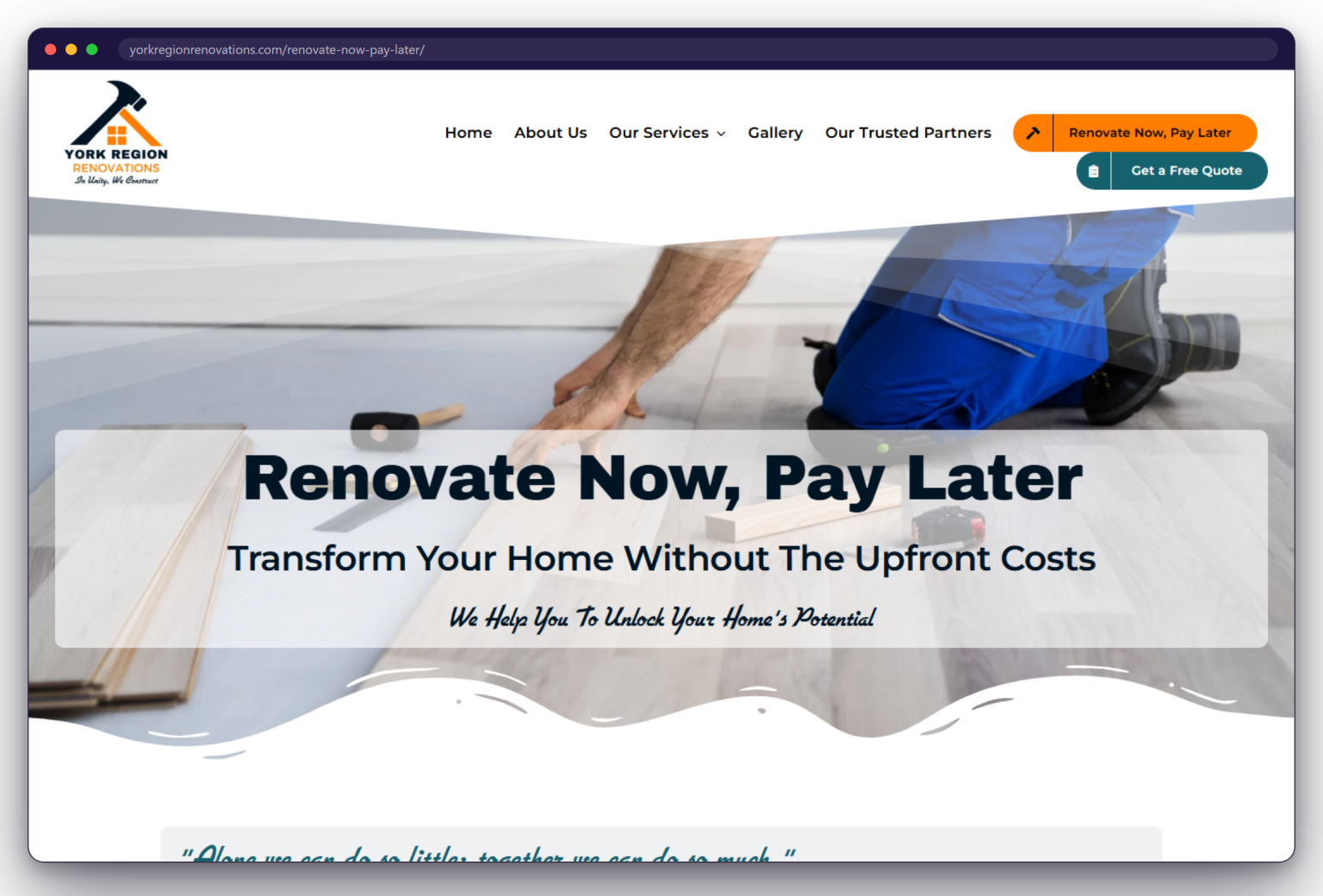 A page from the York Region Renovations website: yorkregionrenovations.com/renovate-now-pay-later/