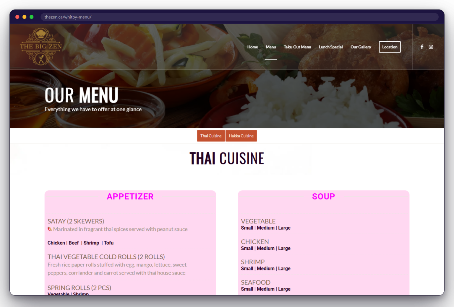 A page from the The Zen website: thezen.ca/whitby-menu/