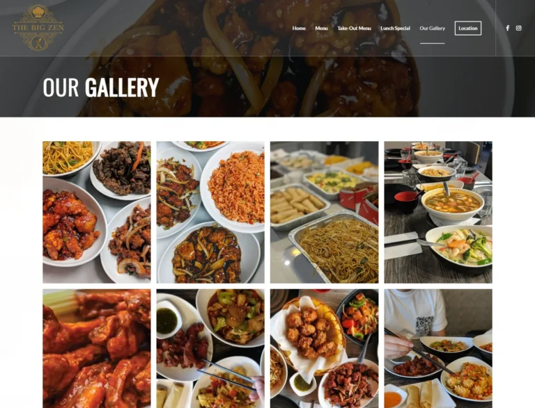 The Big Zen food gallery showing a grid of plated Hakka and Thai dishes and restaurant food photographs.