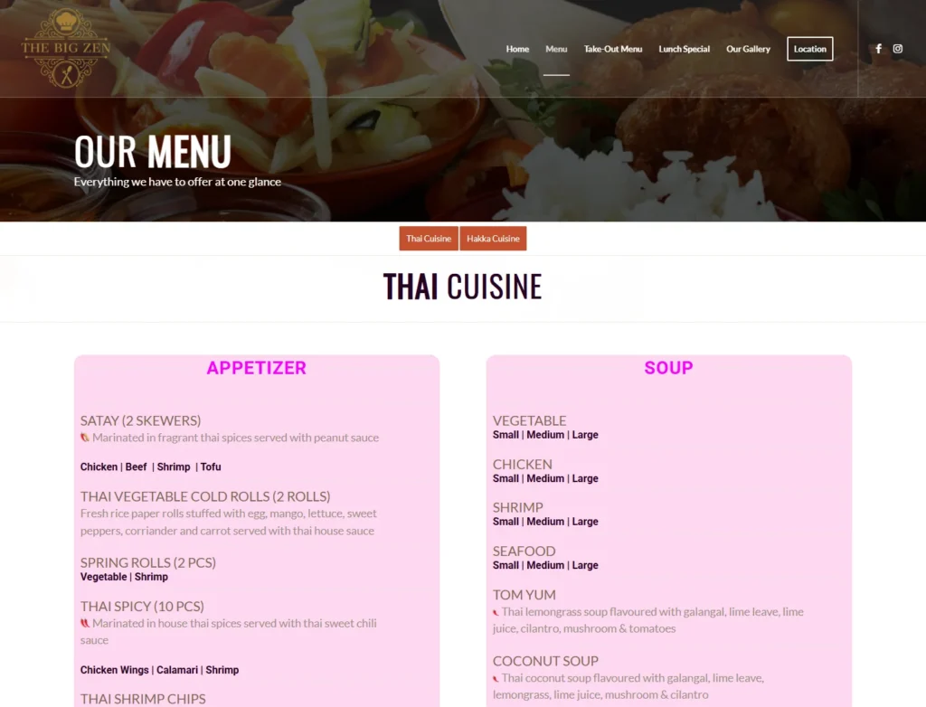 The Big Zen HTML menu showing Thai and Hakka cuisine navigation and Thai appetizer and soup categories.
