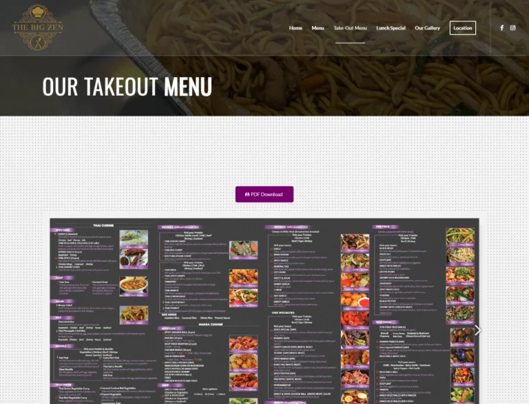 The Big Zen takeout menu page with a PDF download control and an embedded flipbook showing the first menu spread.