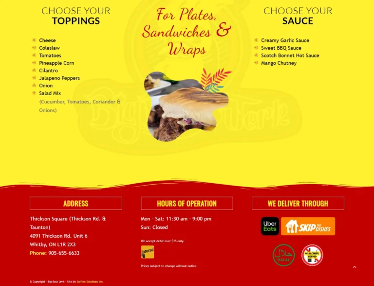 Big Boss Jerk footer showing its Whitby address, hours, phone number, payment note, delivery-service logos, and food-service indicators.