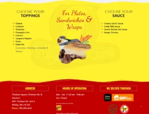 Big Boss Jerk customization section listing toppings and sauces for plates, sandwiches, and wraps.
