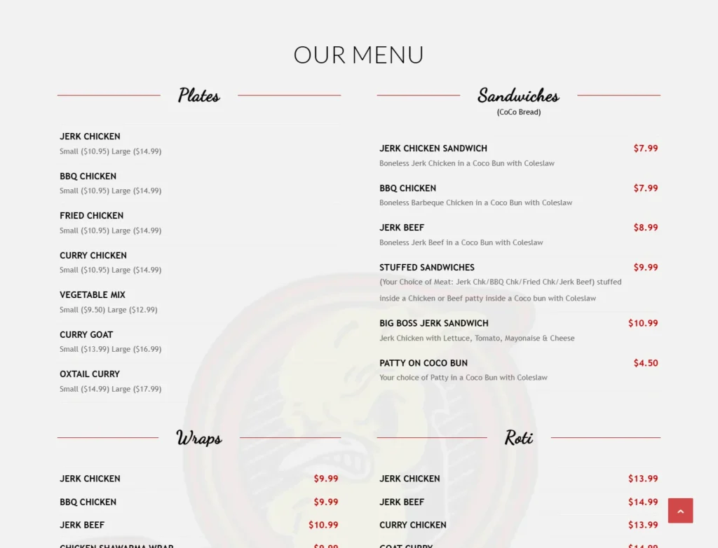 Big Boss Jerk menu showing separate Plates and Sandwiches columns with item descriptions, sizes, and prices.