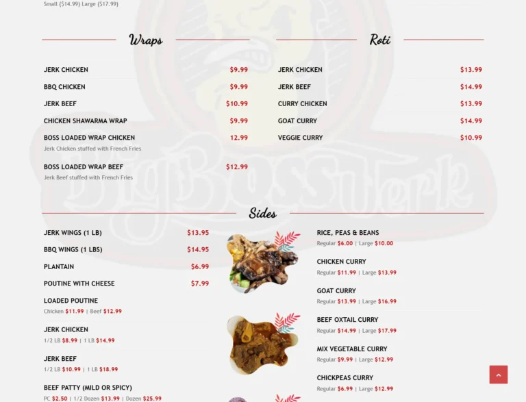 Big Boss Jerk menu showing Wraps, Roti, and Sides sections with item-level prices and serving options.