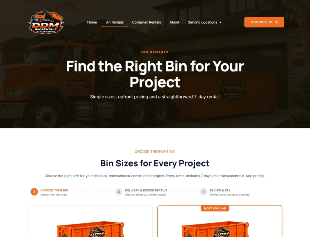 Choose Your Bin booking step showing the 5, 10, 14, and 20 yard bin options with public prices and terms.