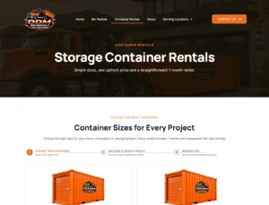 Storage container booking step comparing the 14-foot, 12-foot, and 8-foot options and their one-month rental terms.