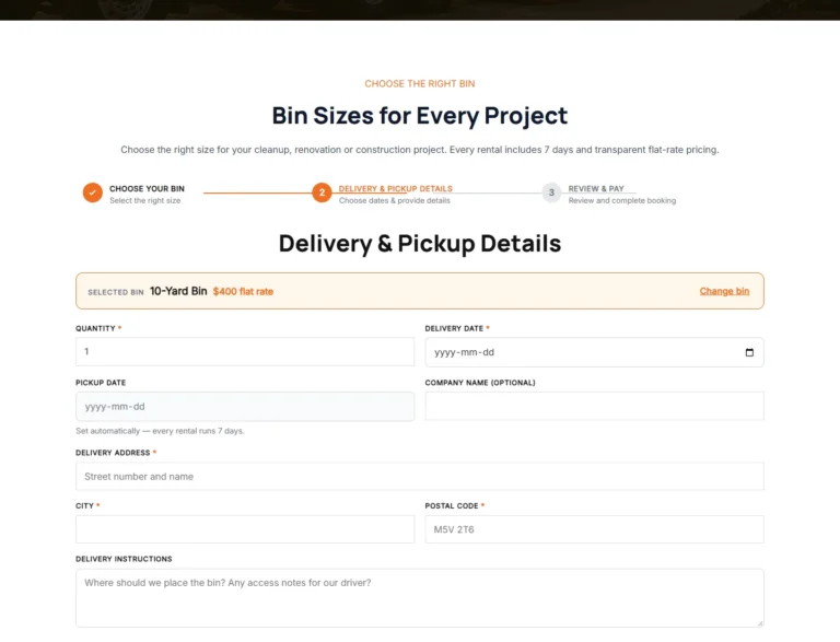 Delivery and pickup booking step with quantity, dates, address, postal code, and placement instruction fields.