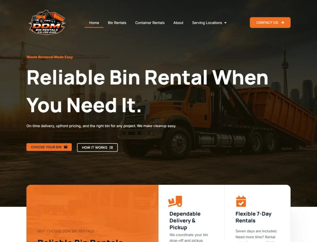 DDM Bin Rentals website displayed on desktop