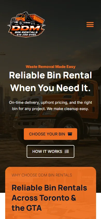 DDM Bin Rentals website displayed on mobile