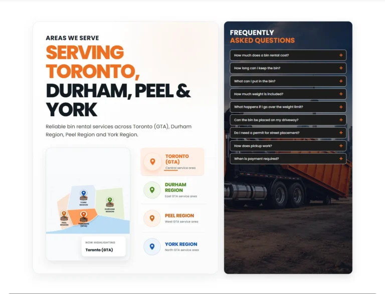 DDM Bin Rentals service-area map showing Toronto, Durham, Peel, and York region destinations.