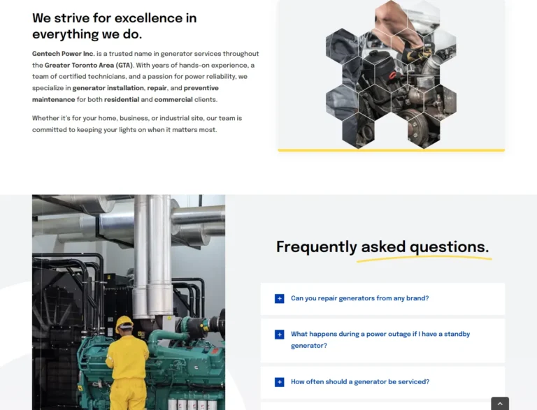 Gentech Power company introduction and generator FAQ content on the live website