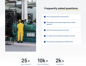 Frequently asked generator service questions presented beside authentic generator imagery