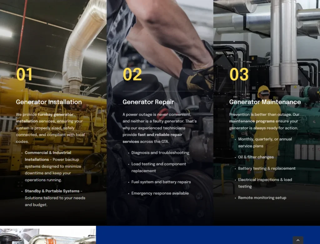 Generator installation, repair, and maintenance service pathways on the Gentech Power website